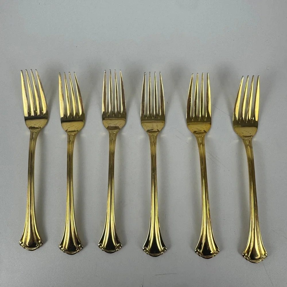 Vtg Royal Gallery Gold Tone Dinner Forks Set 6 Japan Flared Scroll Handle